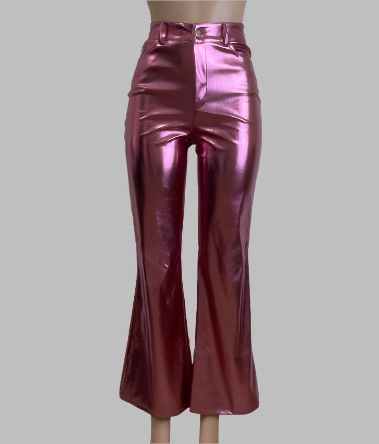 Metallic PU Patchwork Flared Pants