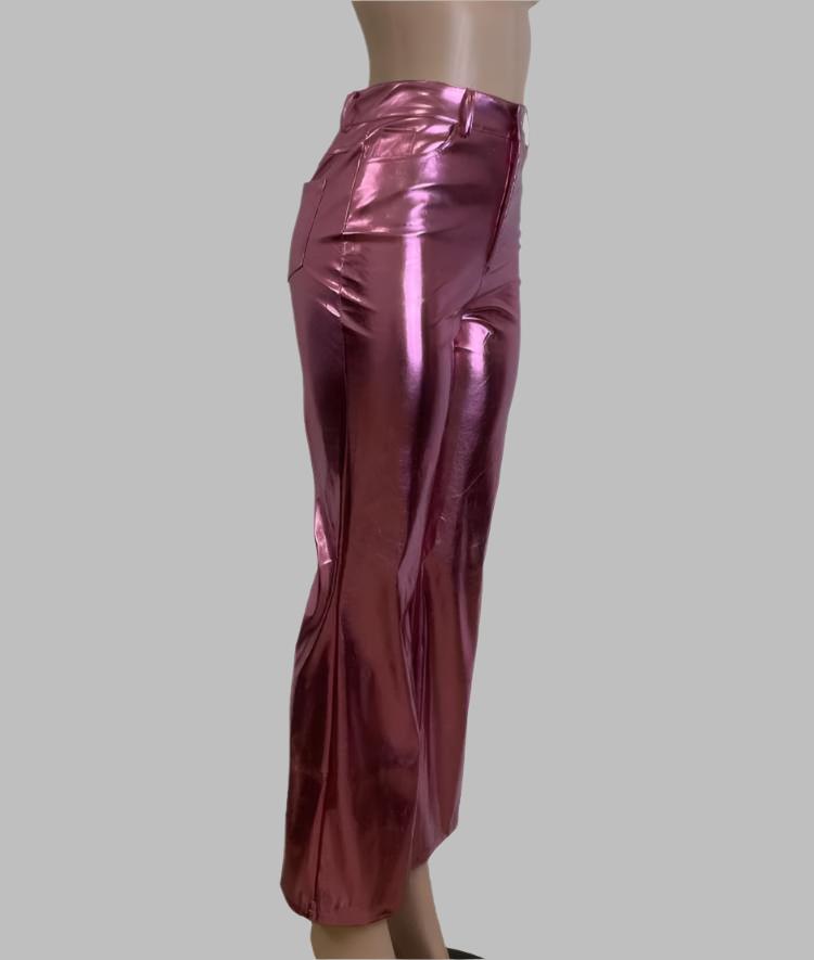 Metallic PU Patchwork Flared Pants