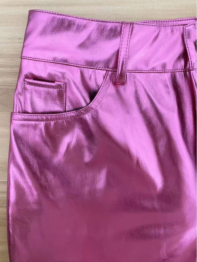 Metallic PU Patchwork Flared Pants