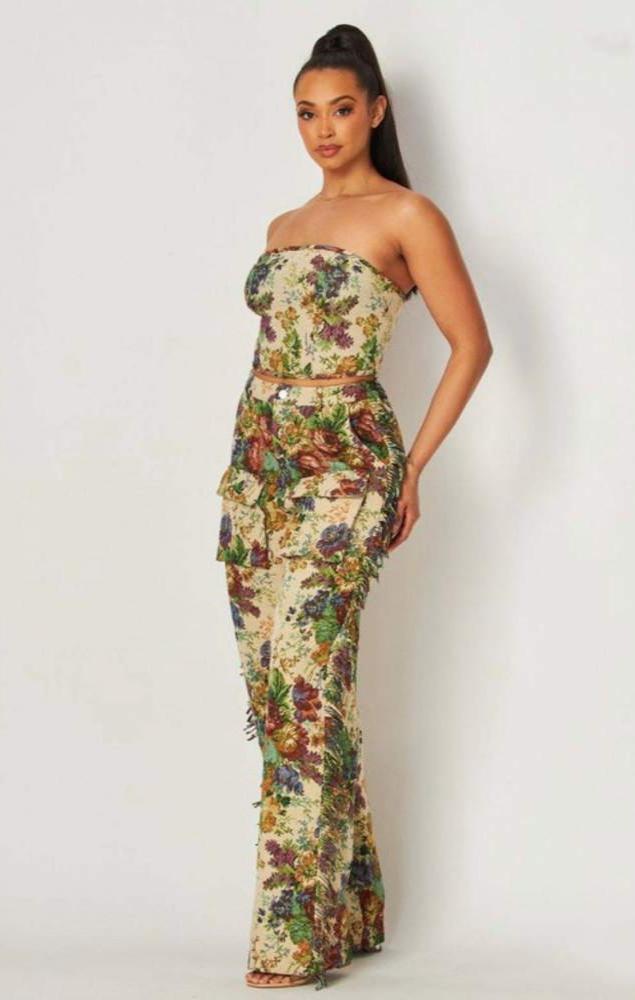 Ensemble pantalon tube à franges et fleurs en tissage jacquard
