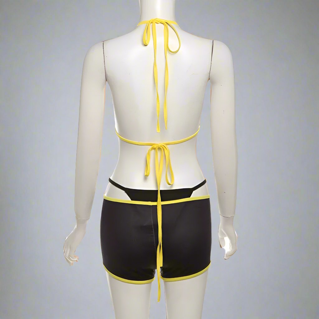 Conjuntos de bikini con tirantes finos, espalda descubierta y pantalones cortos en bloques de color