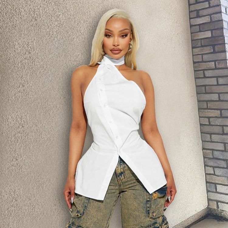 White Irregular Halter Neck Tank Top