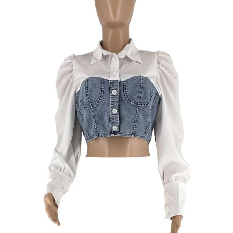 Denim Patchwork Buckle Cropped Shirt