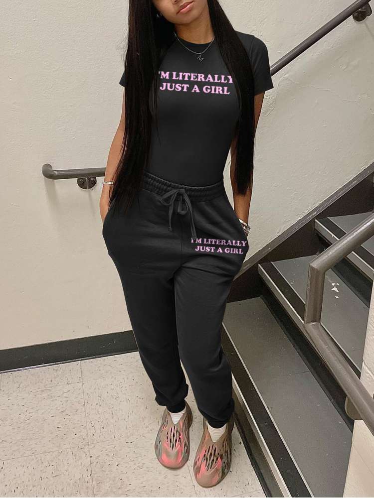 Letter Printed Loose Pullover Pant Sets