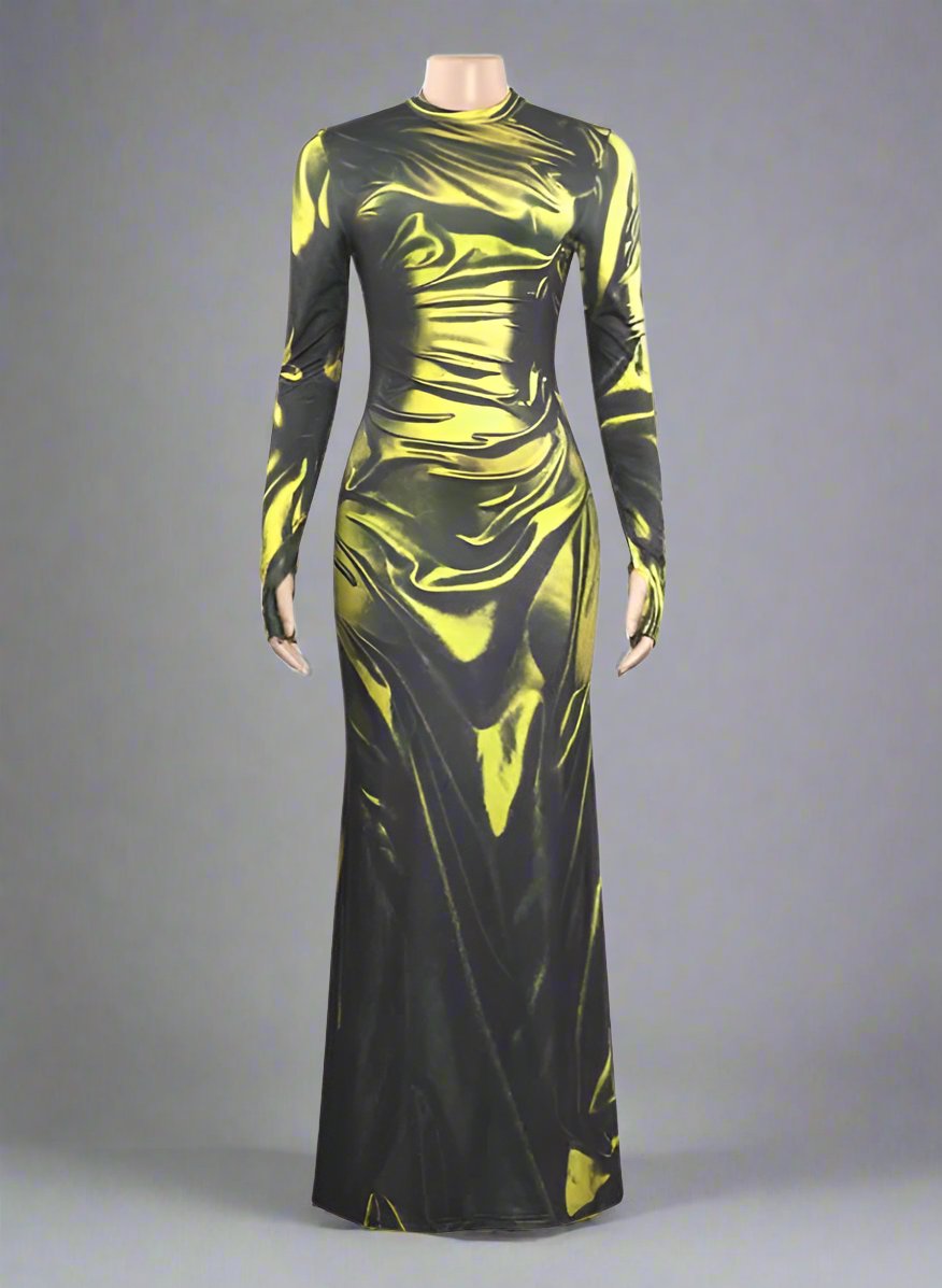 Colorblock Abstract Print Long Sleeves Maxi Dress