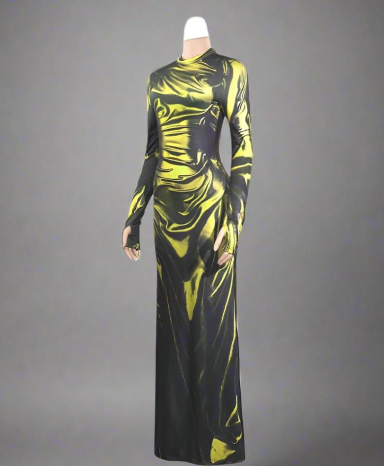Colorblock Abstract Print Long Sleeves Maxi Dress