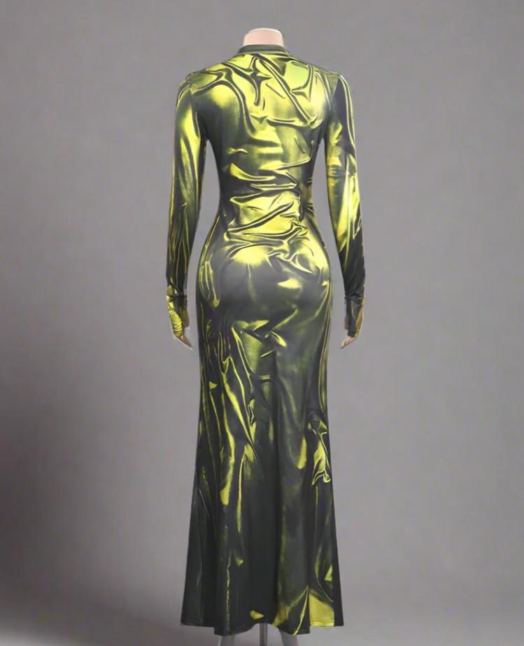 Colorblock Abstract Print Long Sleeves Maxi Dress