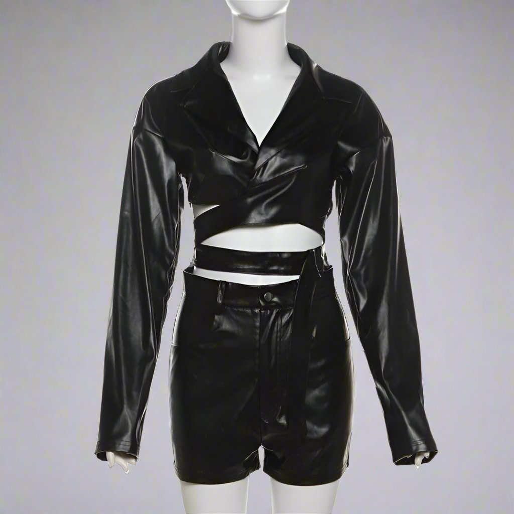 Lace Up PU Lapel Cropped Jackets Short Sets