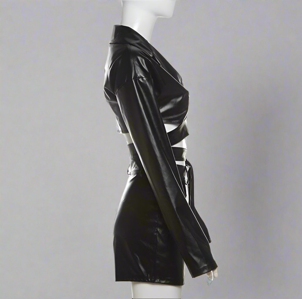 Lace Up PU Lapel Cropped Jackets Short Sets