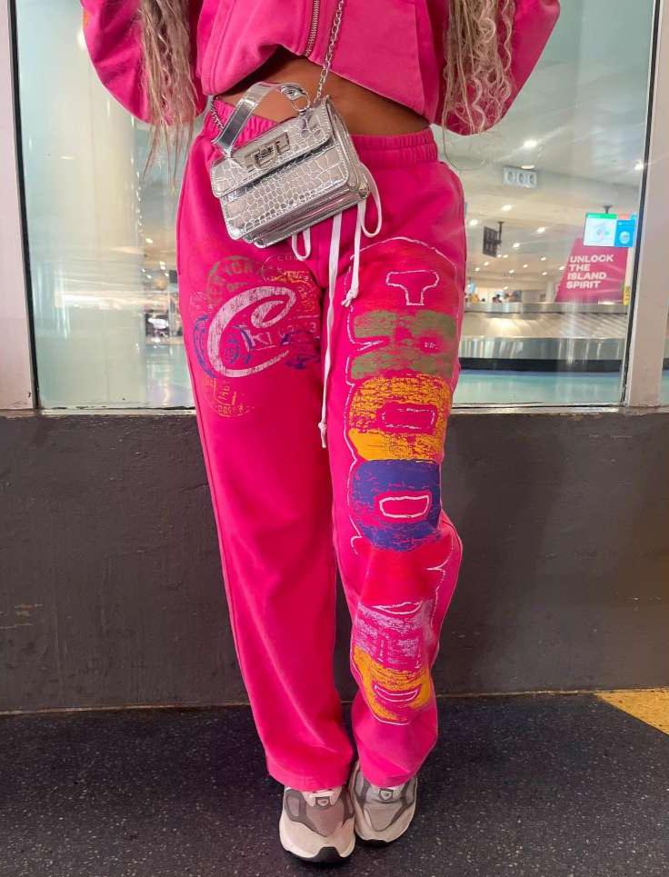 Letter Print Zipper Hooded Sweatpants Set