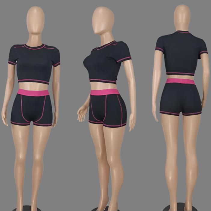 Ribbed Colorblock Seam Line Cropped Short Sets