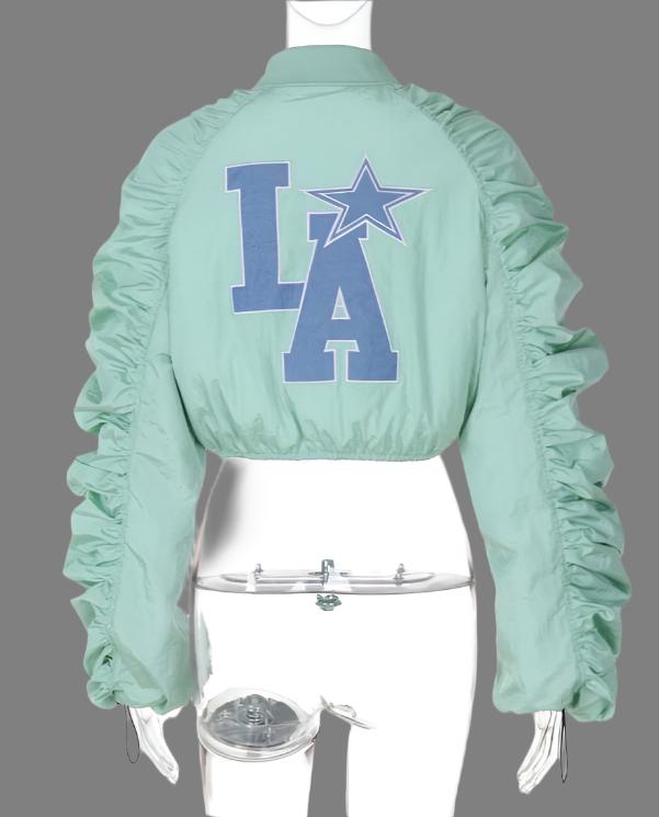 Colorblock Zipper Puff Sleeve Cropped Jackets