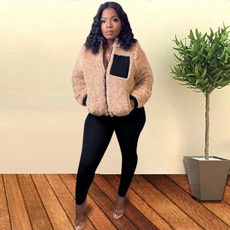 Colorblock Pocket Fluff Coats Pant Sets