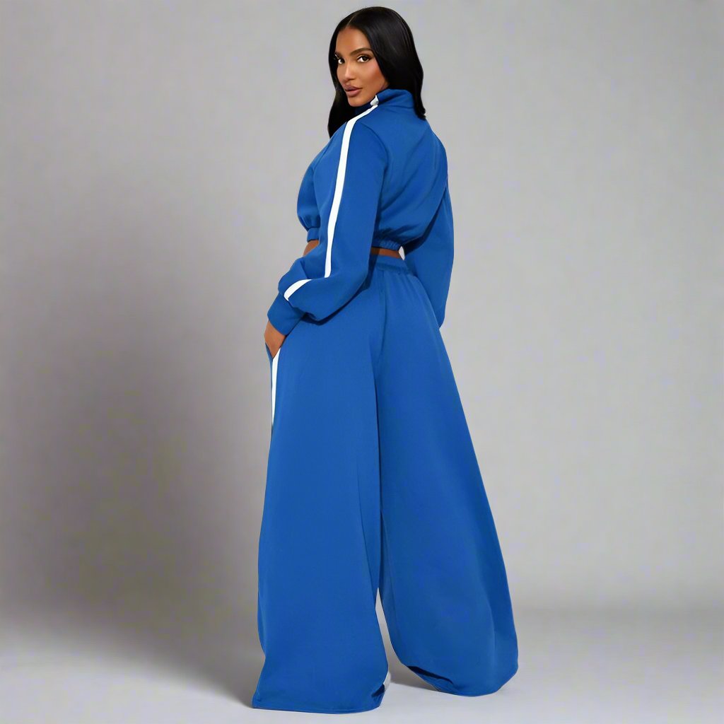 Patchwork Zipper Wide Leg Pant Sets