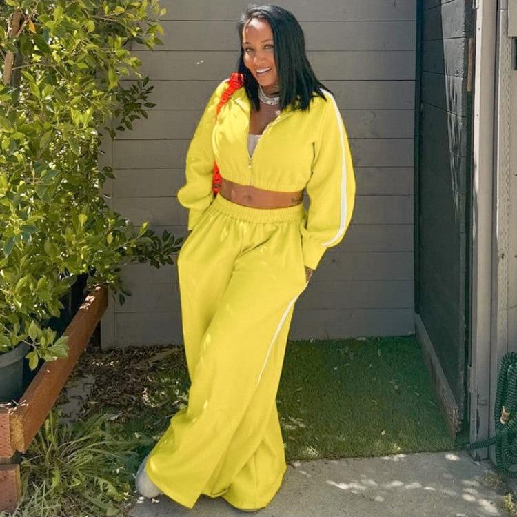 Patchwork Zipper Wide Leg Pant Sets