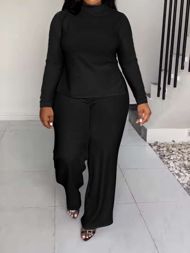 Plain Color Split Hem Straight Pant Sets