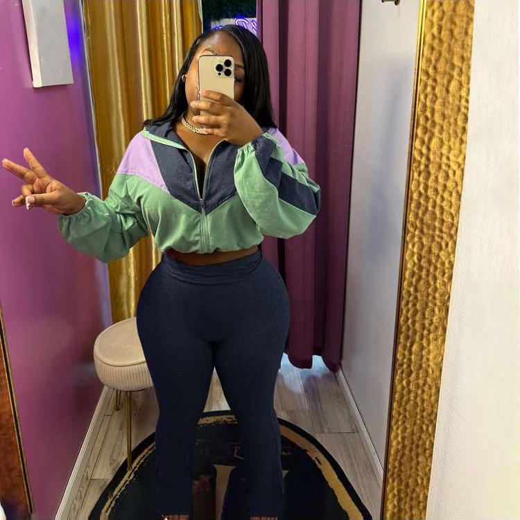 Colorblock Zipper Coats Stretchy Pants Sets