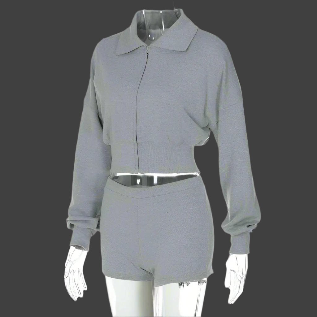 Lapel Zipper Sweatshirt Fitted Short Sets