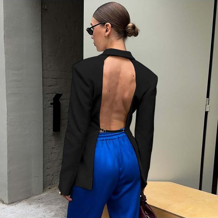 Solid Color Long Sleeve Backless Blazers