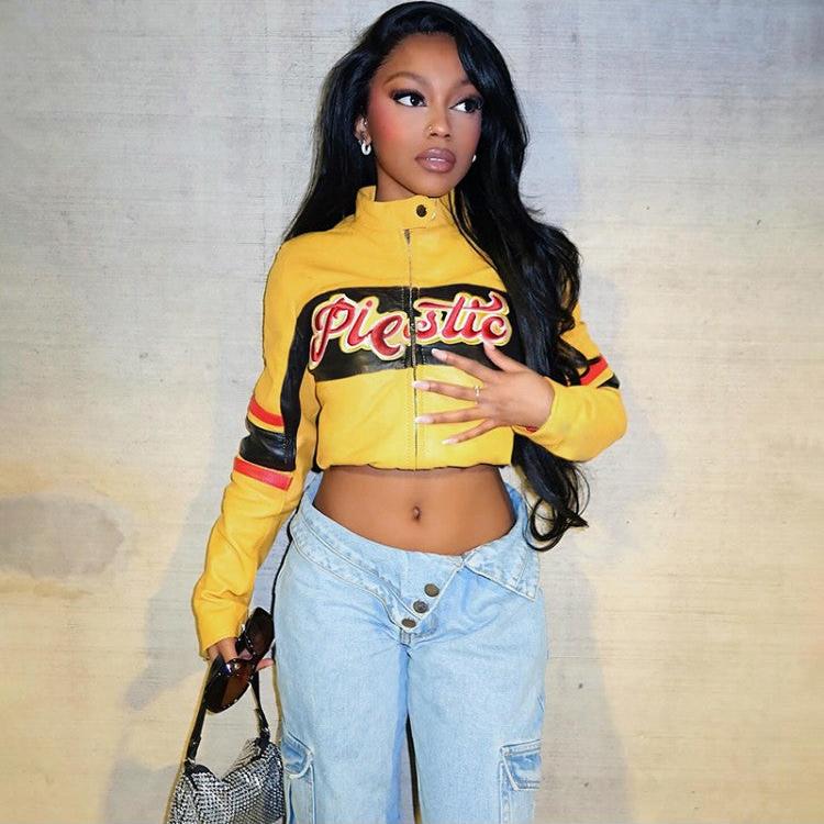 Colorblock Striped PU Zipper Cropped Jackets