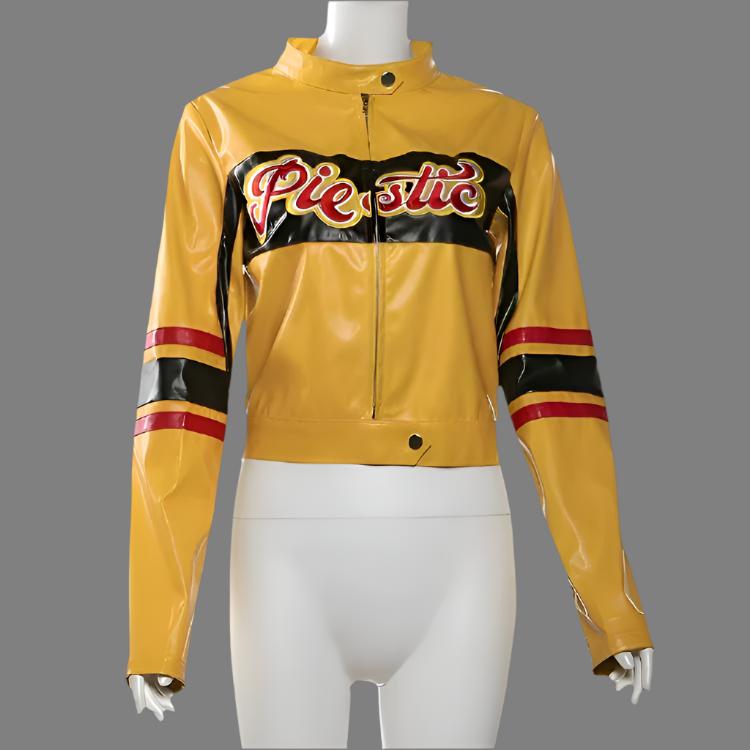 Colorblock Striped PU Zipper Cropped Jackets