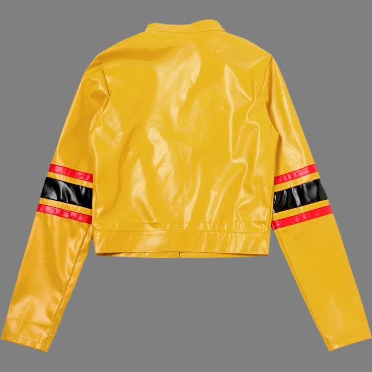 Colorblock Striped PU Zipper Cropped Jackets