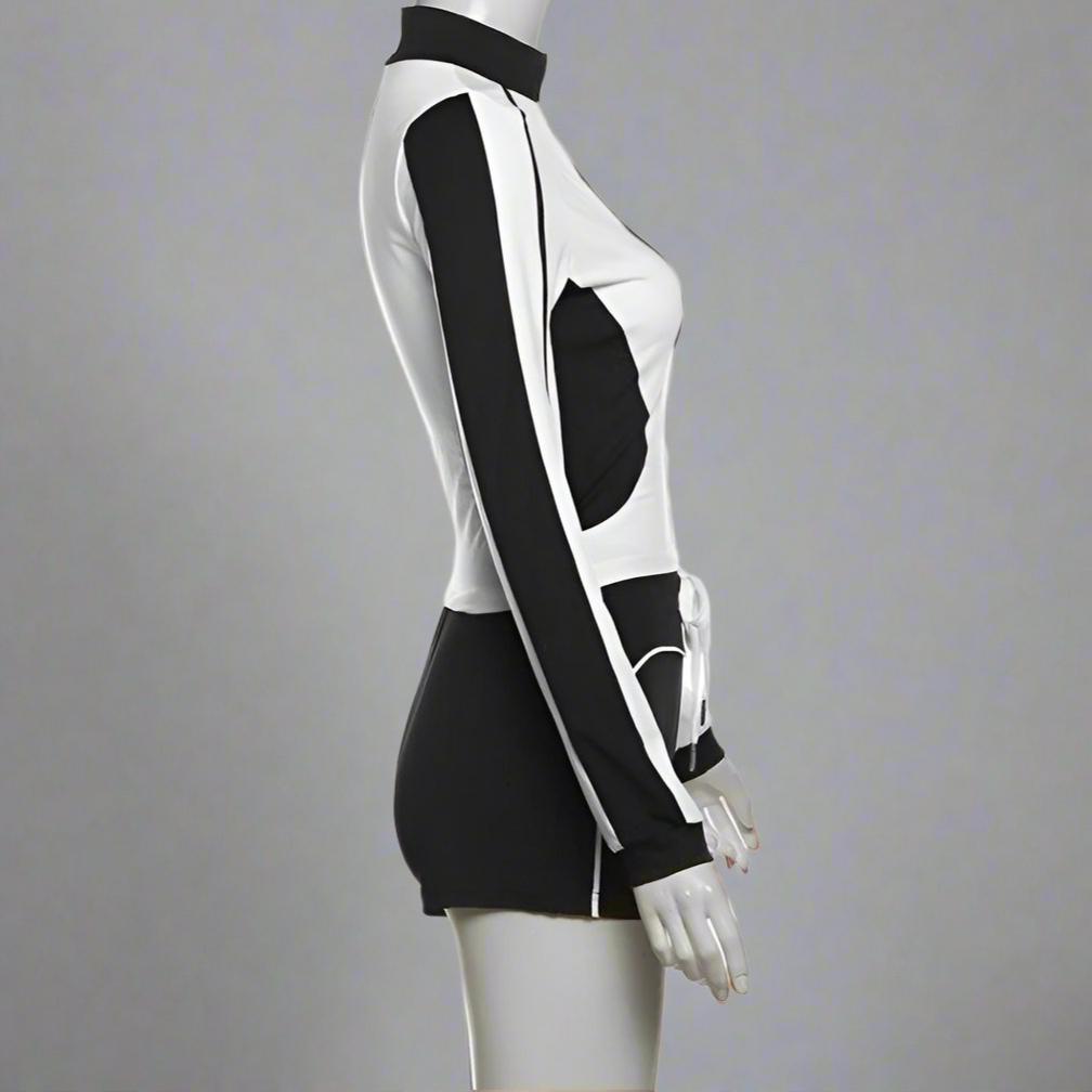 Contrast Color Fitted Zipper Coats Short Sets
