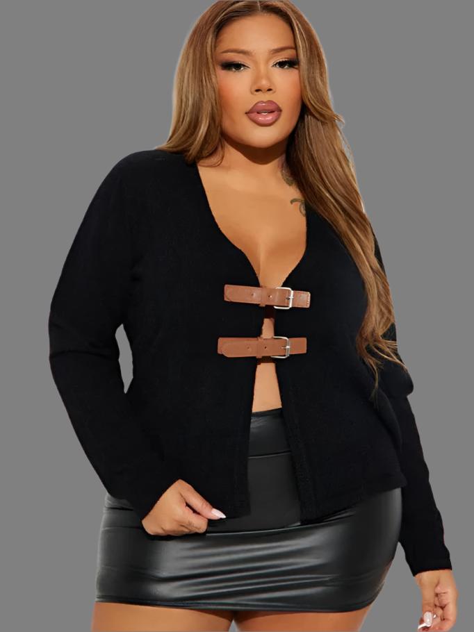 Buckle-loop Patchwork V Neck Cardigan