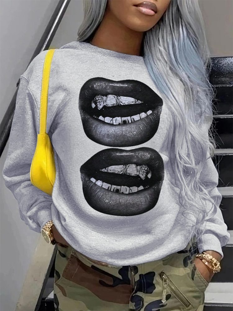 Lips Printed Crewneck Loose Sweatshirts