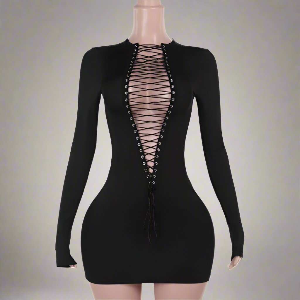 Hollow-out Tie-wrap Long Sleeve Mini Dress