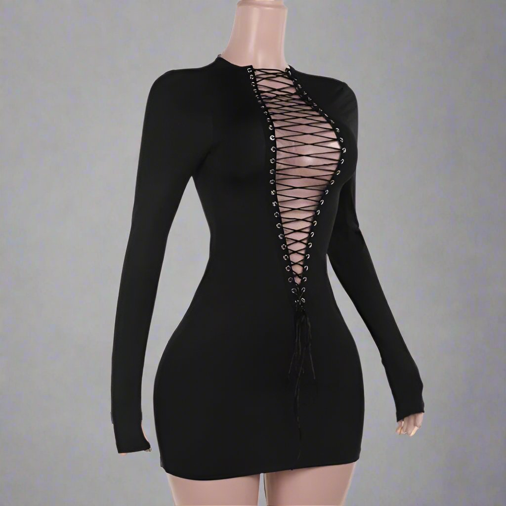 Hollow-out Tie-wrap Long Sleeve Mini Dress