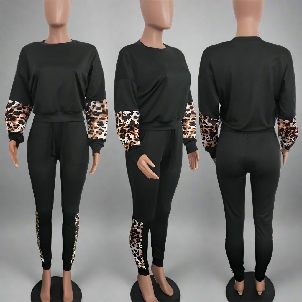 Patchwork Leopard Long Sleeve Pant Sets