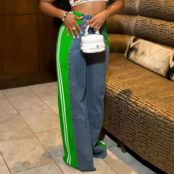 Colorblock Striped Trim Denim Straight Jeans