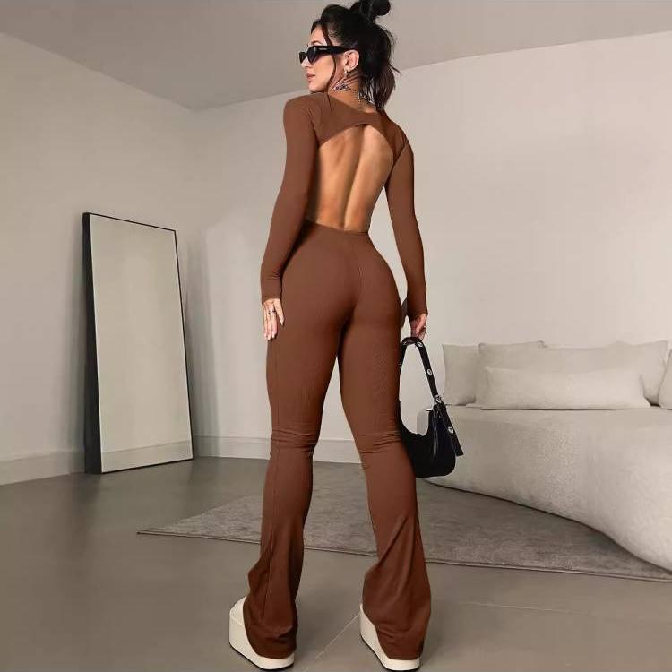 Pure Color Backless Long Sleeve Jumpsuits