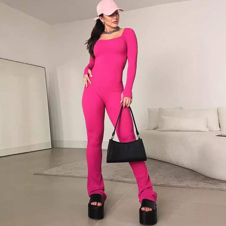 Pure Color Backless Long Sleeve Jumpsuits