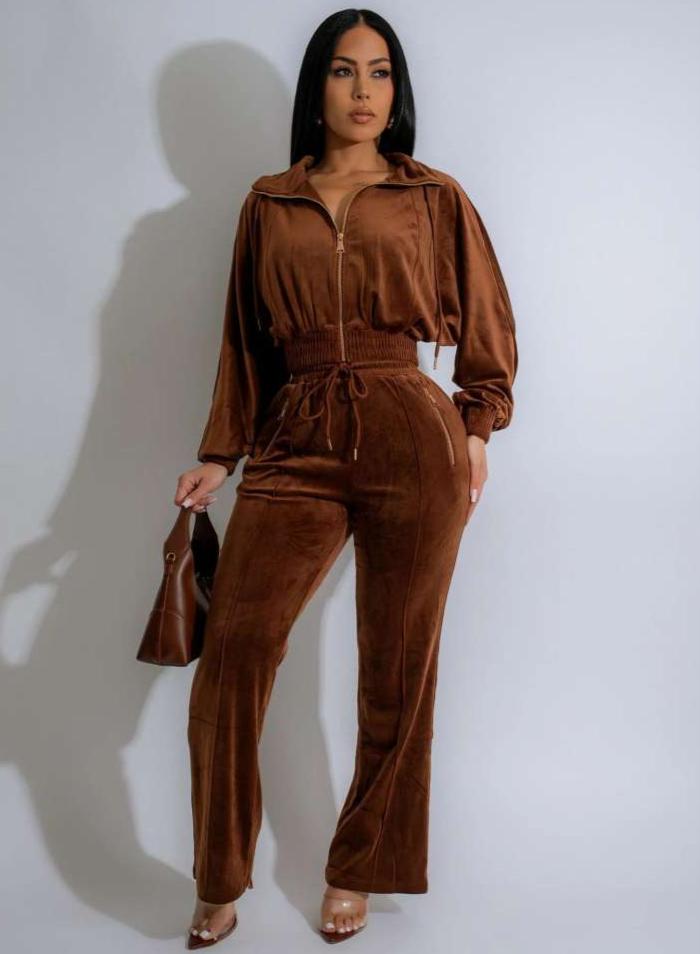 Drawstring Zipper Long Sleeve Pant Sets
