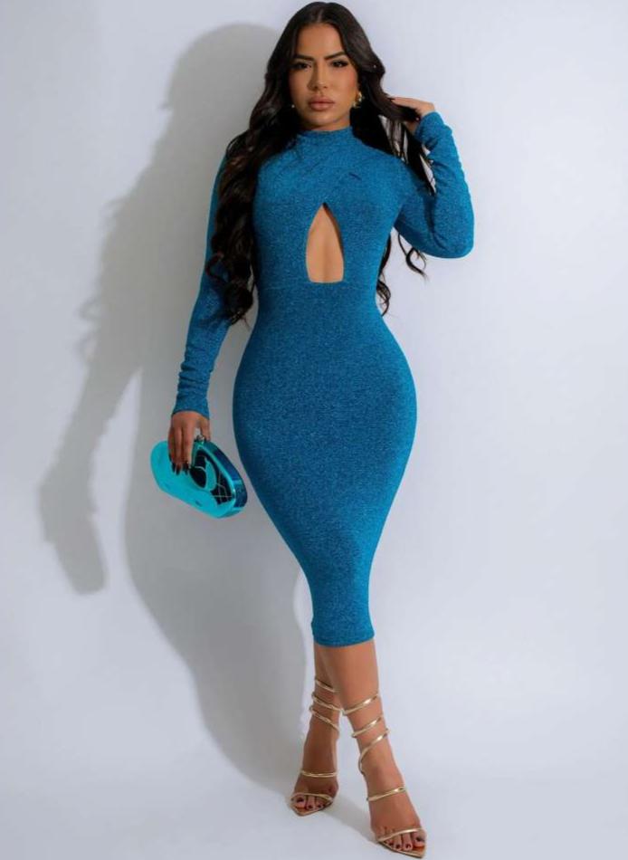 Hollow-out Shiny Long Sleeve Midi Dress