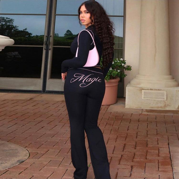 Letter Hooded Zipper Long Sleeve Pant Sets