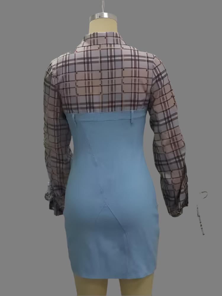 Plaid Metal Button Zipper Denim Mini Dress