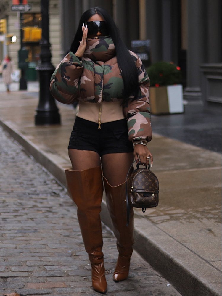 Camouflage Cropped Stand Collar Zipper Coats