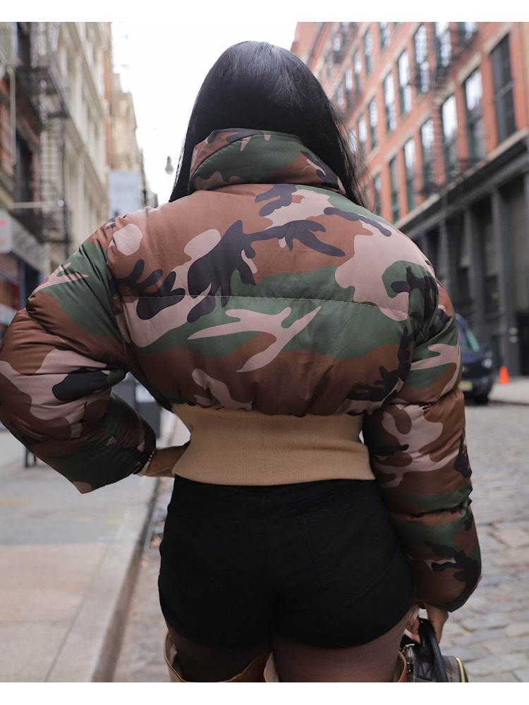 Camouflage Cropped Stand Collar Zipper Coats