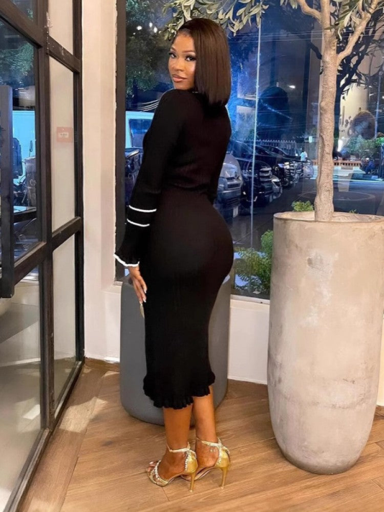 Knitted Lapel Trumpet Sleeve Midi Dress