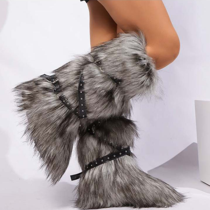 Colorblock Fluff Cross Belt Thigh-High Boots