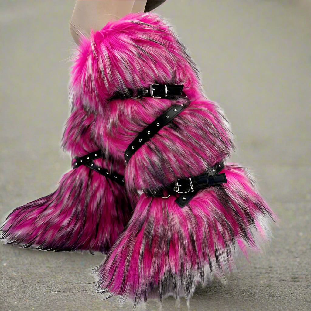 Colorblock Fluff Cross Belt Thigh-High Boots