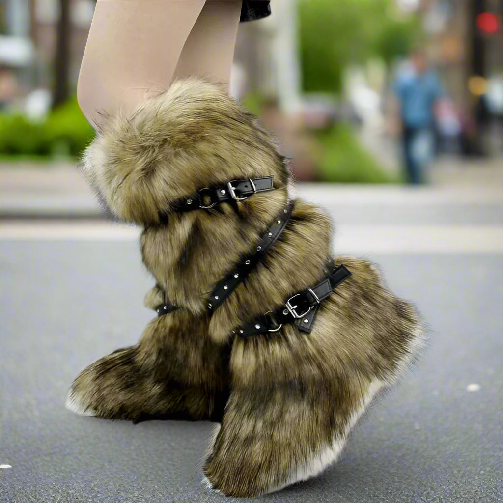 Colorblock Fluff Cross Belt Thigh-High Boots