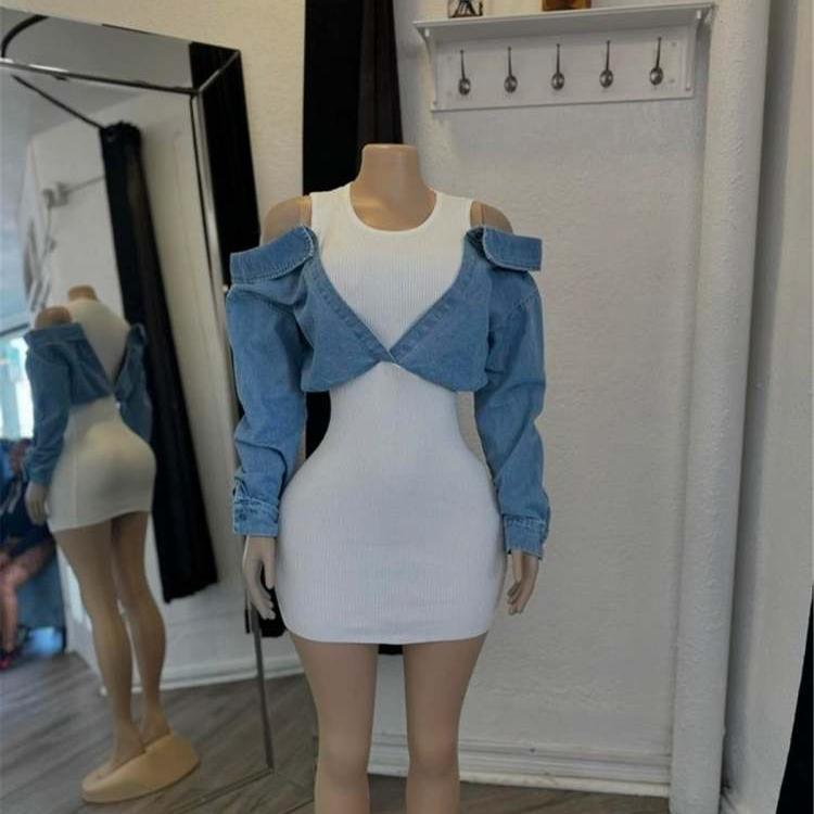 Denim Patchwork Pullover Long Sleeve Mini Dress