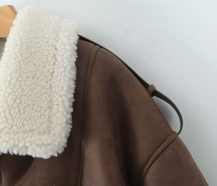 Fluffy Solid Color Long Sleeve Micro Suede Bounding With Lamb Fur Winter Coats