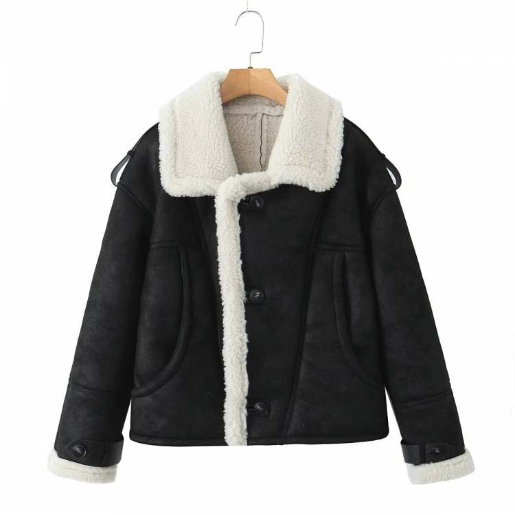 Fluffy Solid Color Long Sleeve Micro Suede Bounding With Lamb Fur Winter Coats