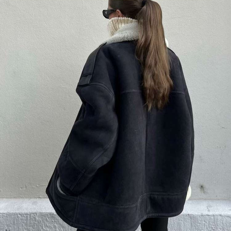 Fluffy Solid Color Long Sleeve Micro Suede Bounding With Lamb Fur Winter Coats
