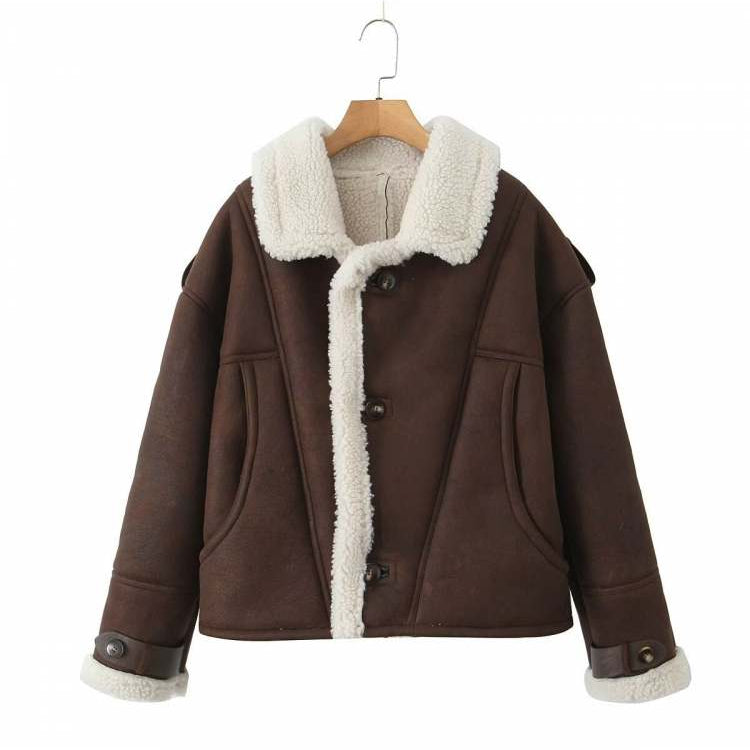 Fluffy Solid Color Long Sleeve Micro Suede Bounding With Lamb Fur Winter Coats